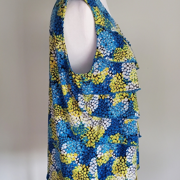 Women's Resortwear Top Blue & Yellow Floral Sleeveless Tank Top Tiered Ruffles - Picture 3 of 5